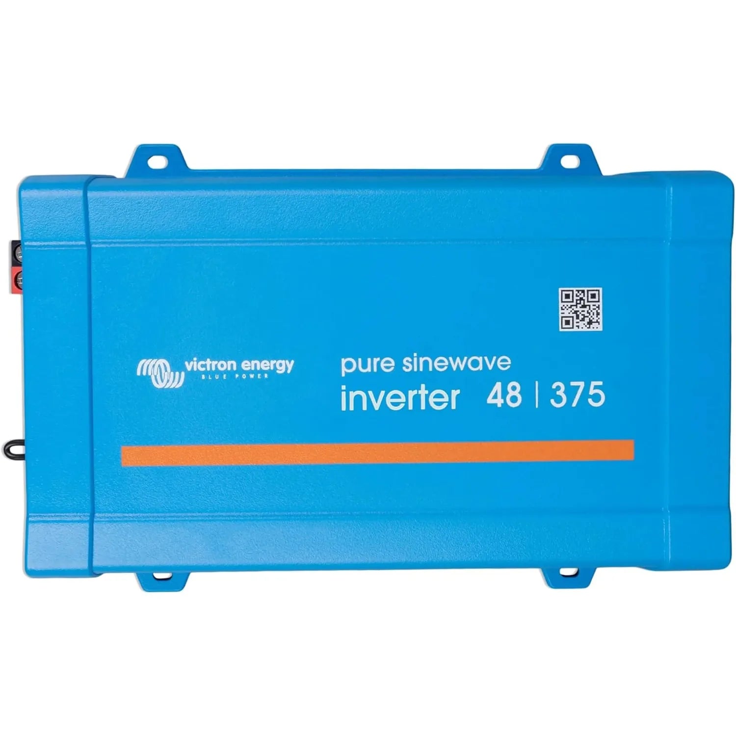 Victron Energy pure sinewave inverter 48/375 in blue with mounting brackets and QR code label.