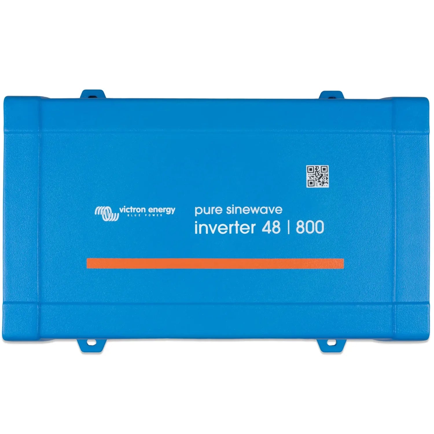 Blue rectangular inverter device with Victron Energy and pure sinewave branding, model 48/800 displayed on front panel.