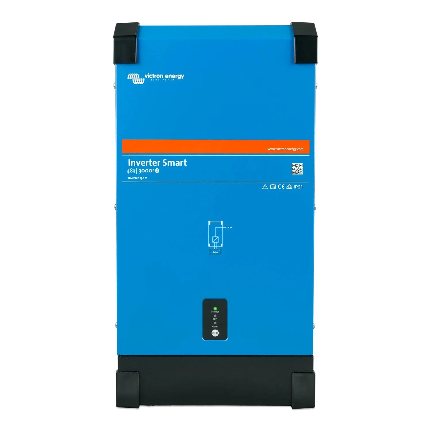 Victron Energy Inverter Smart 48/3000 with blue casing, black corner bumpers, control panel with LED indicators, and QR code 
