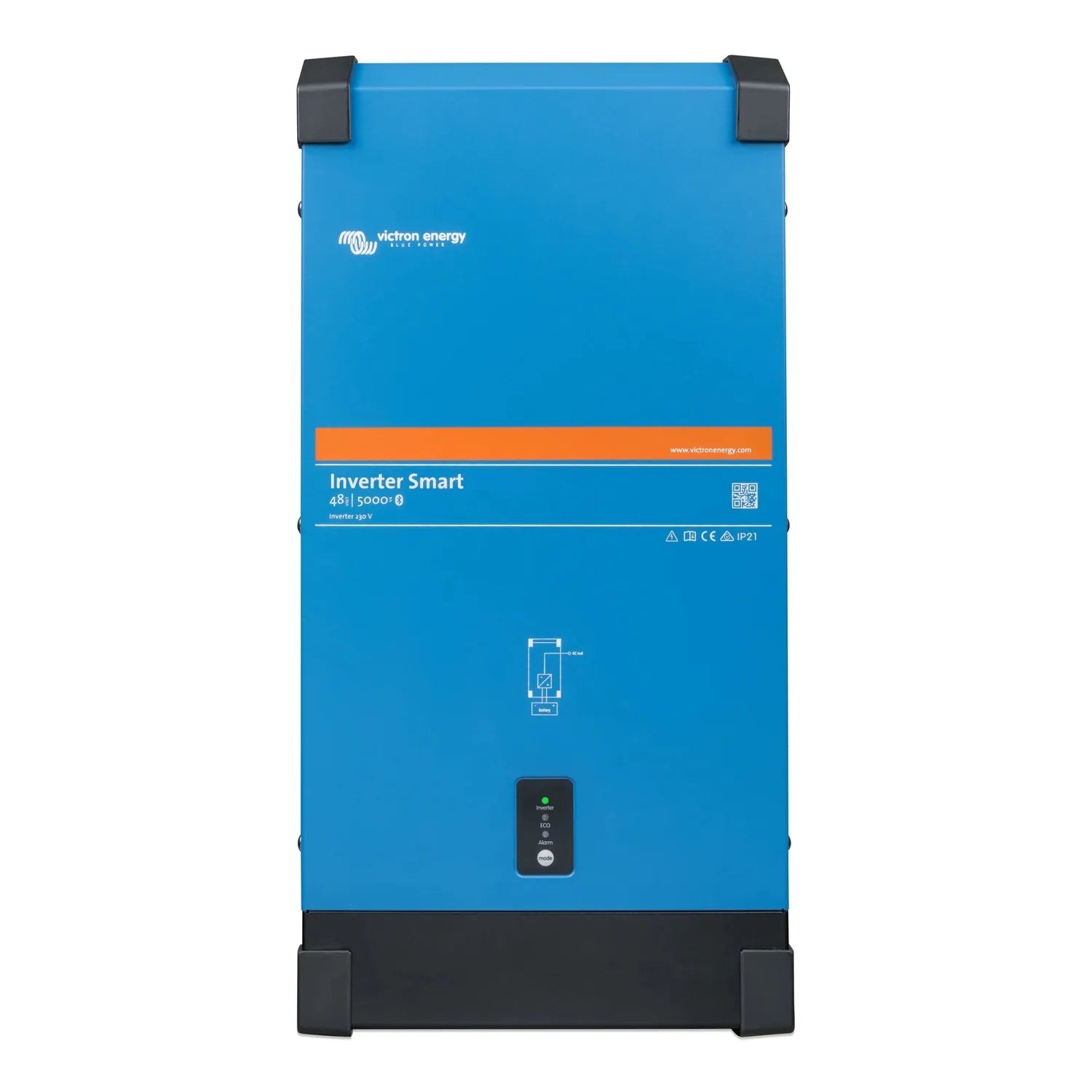 Victron Energy Inverter Smart 48/5000 in bright blue with black corner guards and control panel.