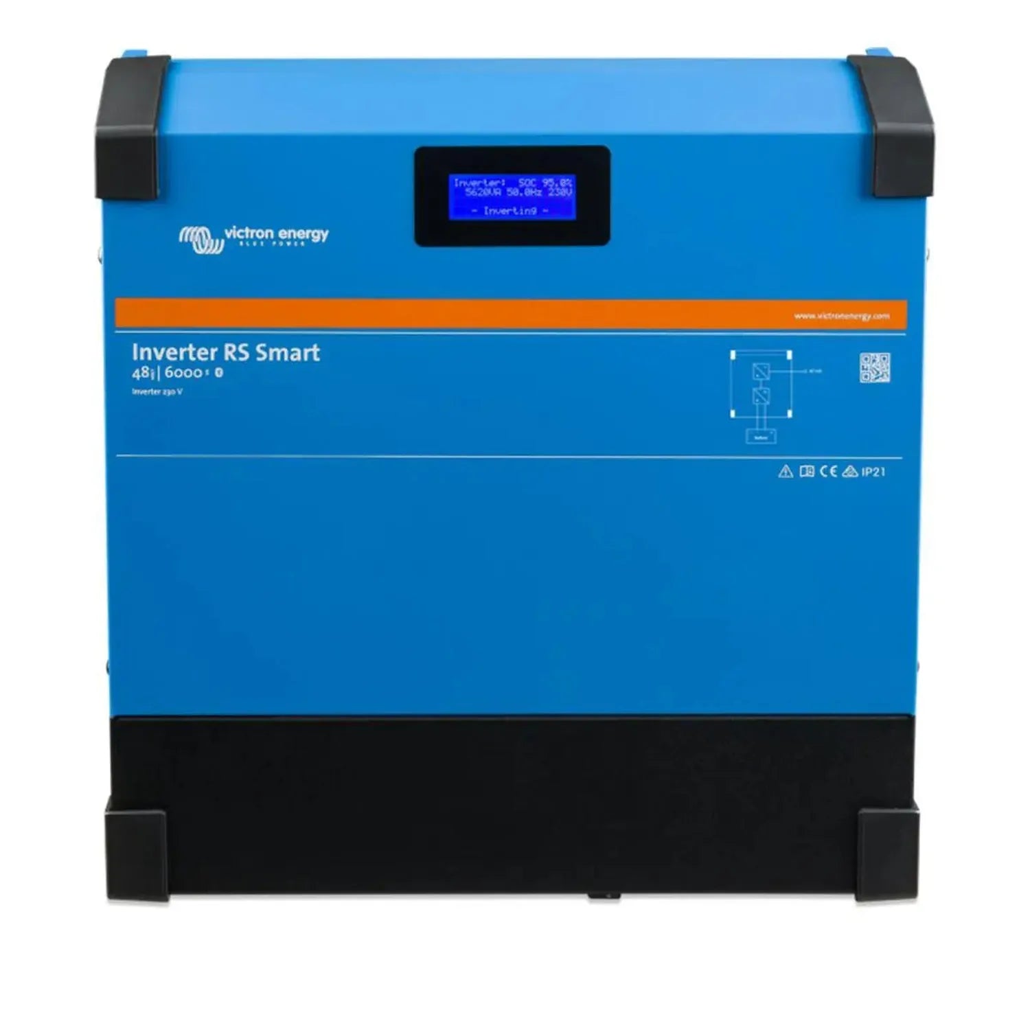 Victron Energy Inverter RS Smart 48/6000 in bright blue with black base and handle, front-facing product shot showing digital