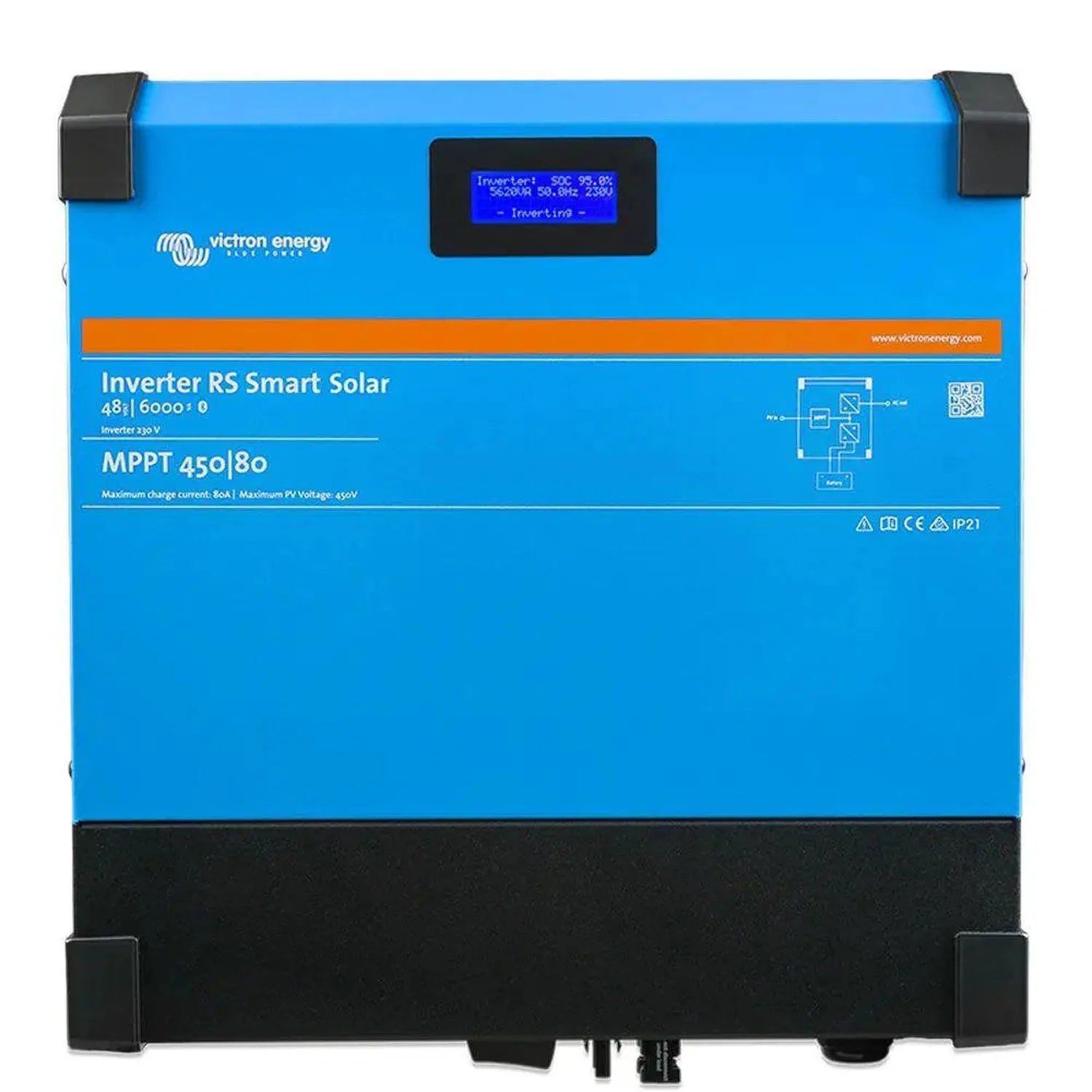 Victron Energy blue solar inverter with digital display showing operating status and specifications including MPPT 450/80 rat