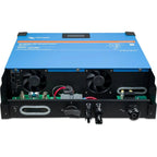 Victron RS Smart Solar inverter rear view showing blue casing, dual cooling fans, internal circuit board, and black connector