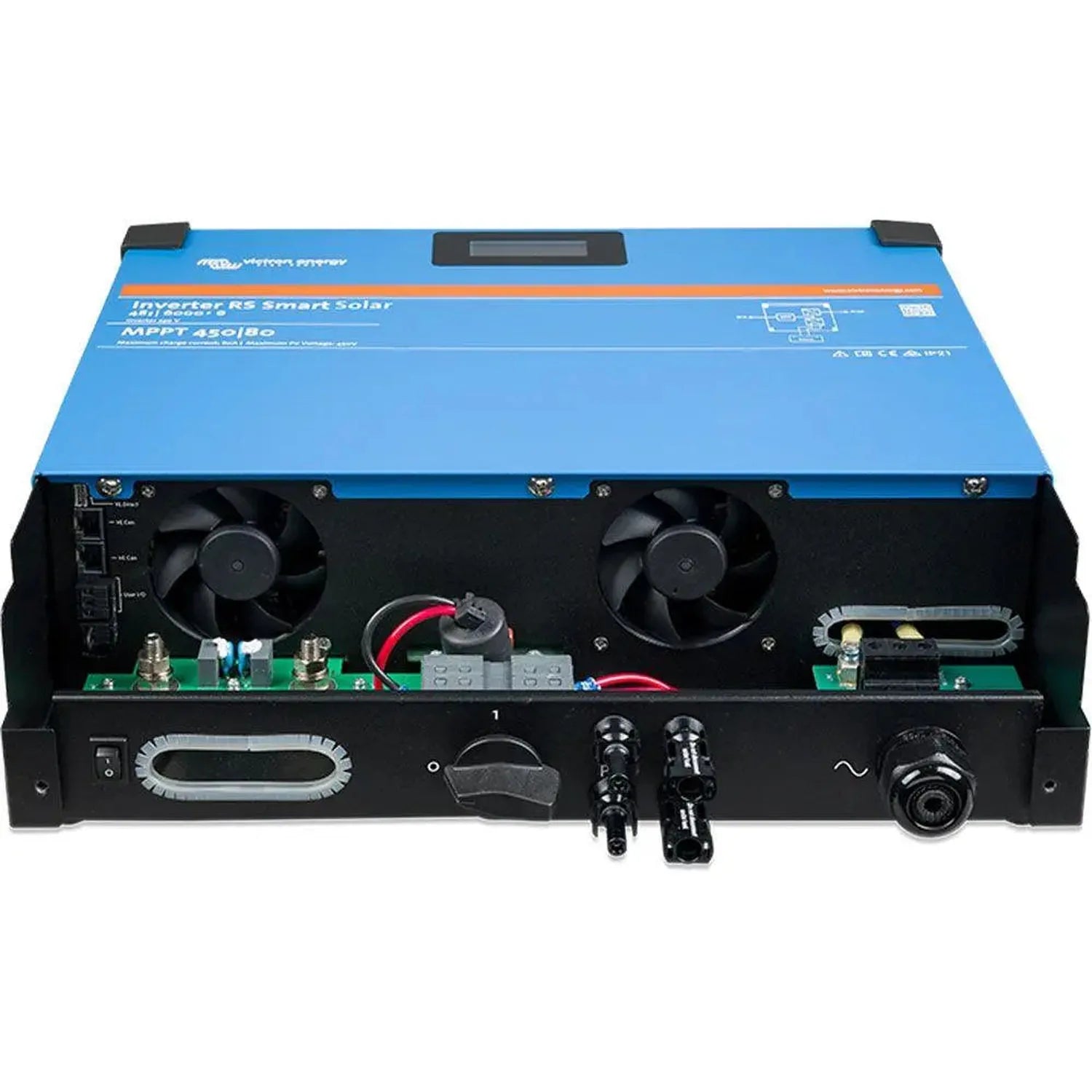 Victron RS Smart Solar inverter rear view showing blue casing, dual cooling fans, internal circuit board, and black connector