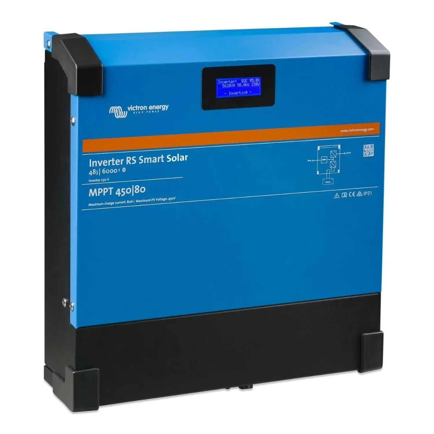 Victron Energy blue and black solar inverter with digital display showing operational status and specifications.