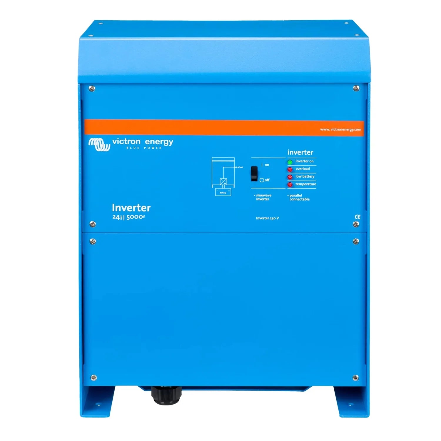 Victron Energy 24|5000 blue inverter unit with control panel showing on/off switch and status indicators for inverter operati