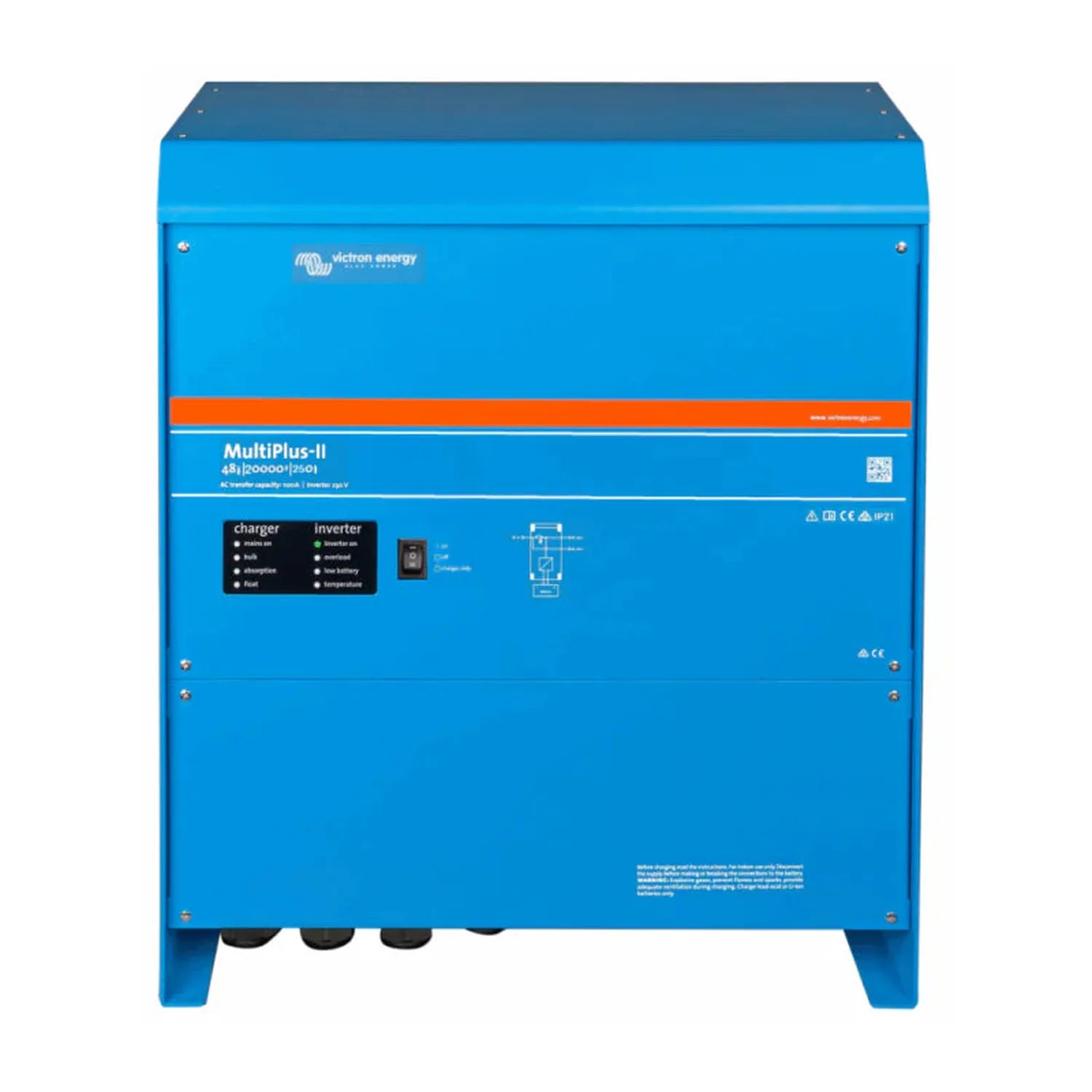 Victron Energy MultiPlus-II blue inverter charger unit with orange stripe, front view showing charger and inverter indicator 