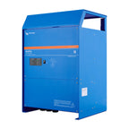 Blue Victron MultiPlus inverter charger unit with orange stripe, control panel with indicator lights, and mounting brackets v
