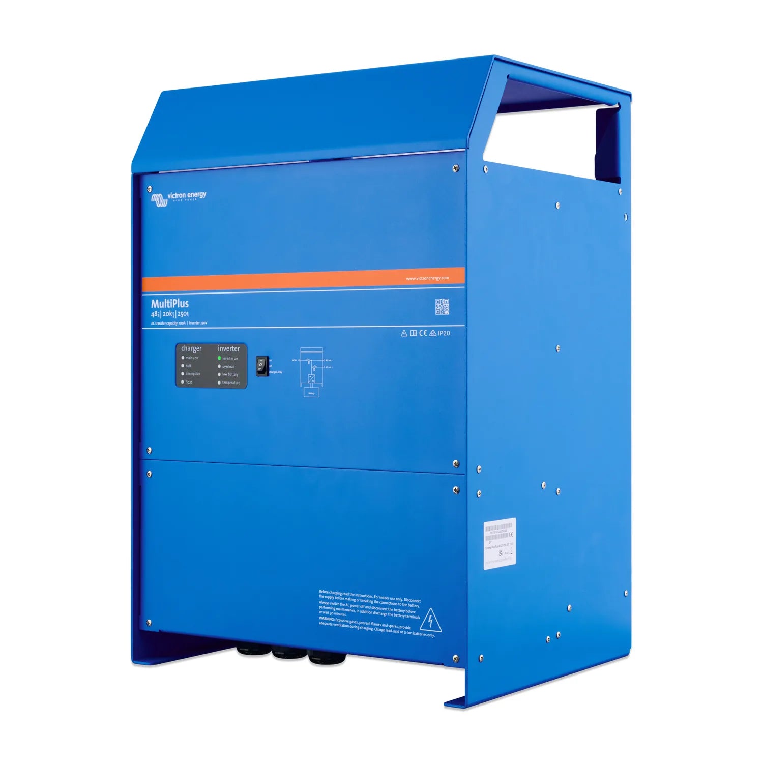Blue Victron MultiPlus inverter charger unit with orange stripe, control panel with indicator lights, and mounting brackets v