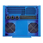 Rear view of blue server chassis showing three cable connectors, ventilation grilles, and two large black cooling fans.