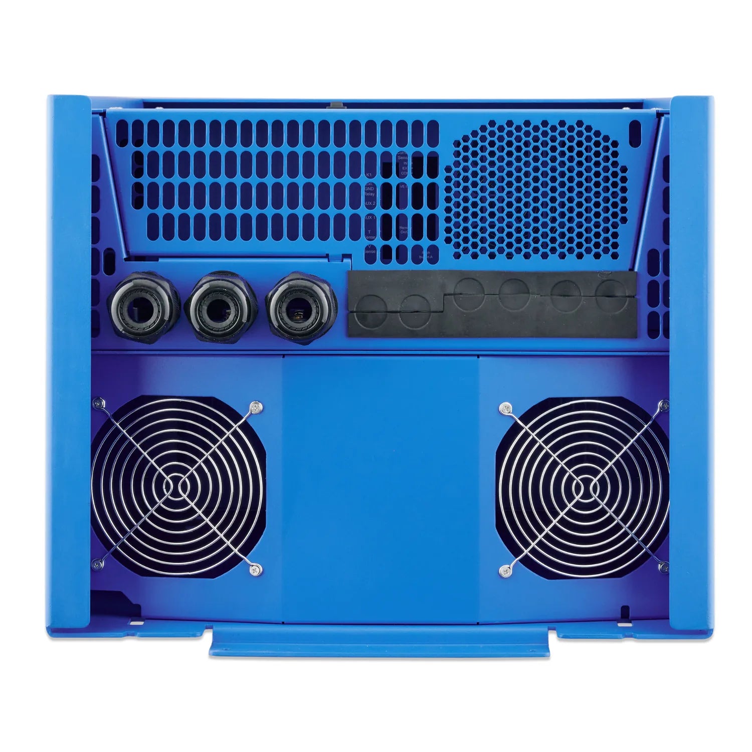 Rear view of blue server chassis showing three cable connectors, ventilation grilles, and two large black cooling fans.