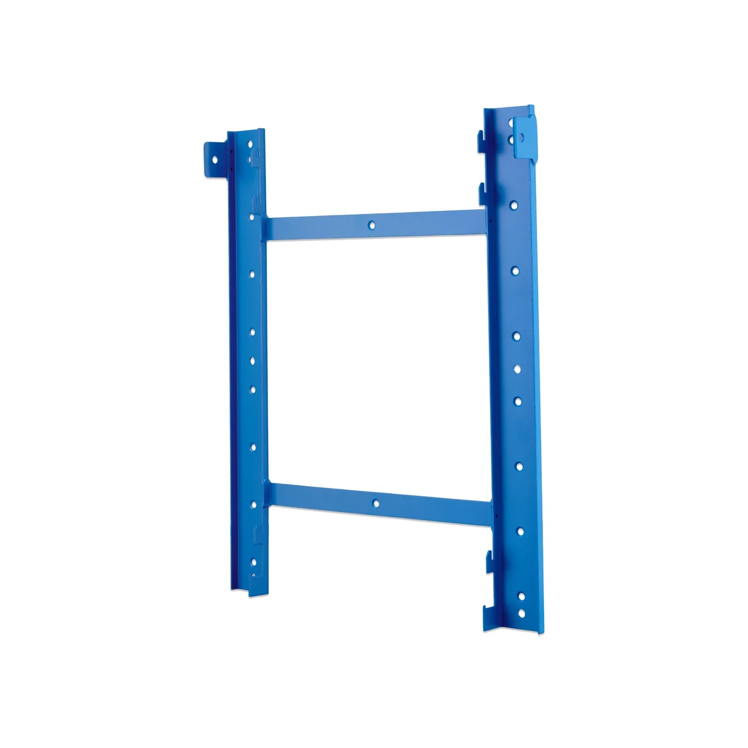 Blue steel rack frame with two vertical posts, horizontal crossbars, and mounting holes for industrial shelving or equipment 