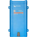 Blue rectangular Victron Energy MultiPlus inverter charger with mounting brackets, showing status indicators at bottom.