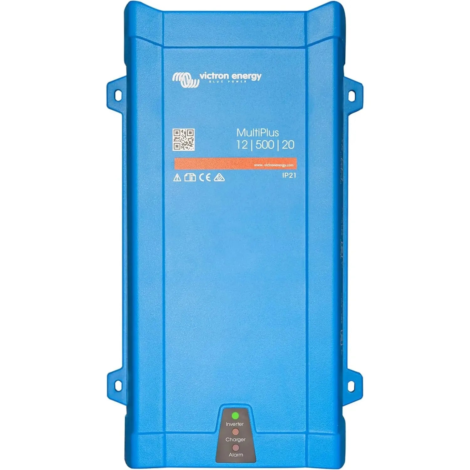 Blue rectangular Victron Energy MultiPlus inverter charger with mounting brackets, showing status indicators at bottom.