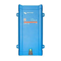 Blue Victron Energy MultiPlus inverter charger with mounting brackets and status indicator light at bottom.