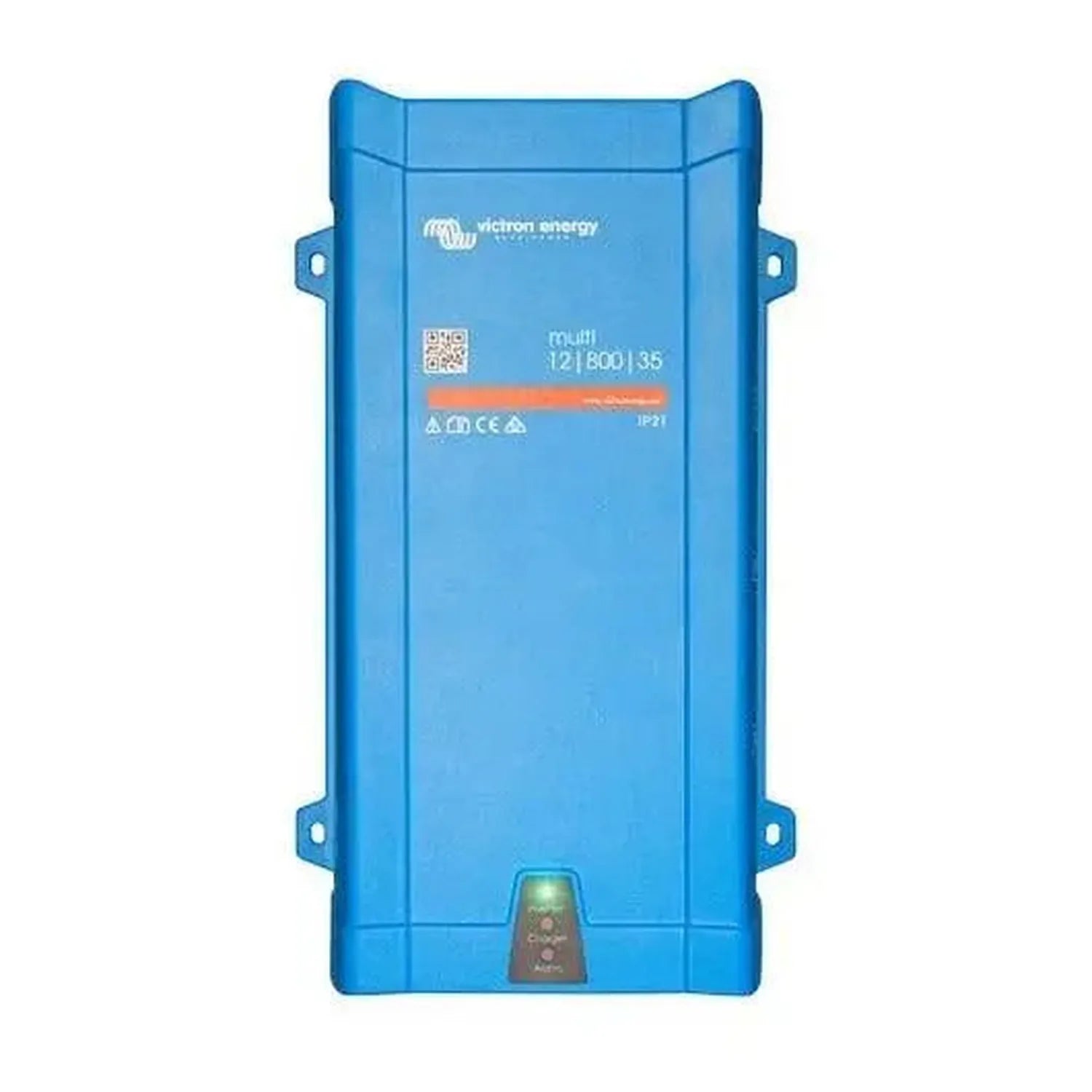 Blue Victron Energy MultiPlus inverter charger with mounting brackets and status indicator light at bottom.