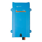 Blue Victron MultiPlus 12/1600 inverter charger with mounting brackets and black control panel at base.