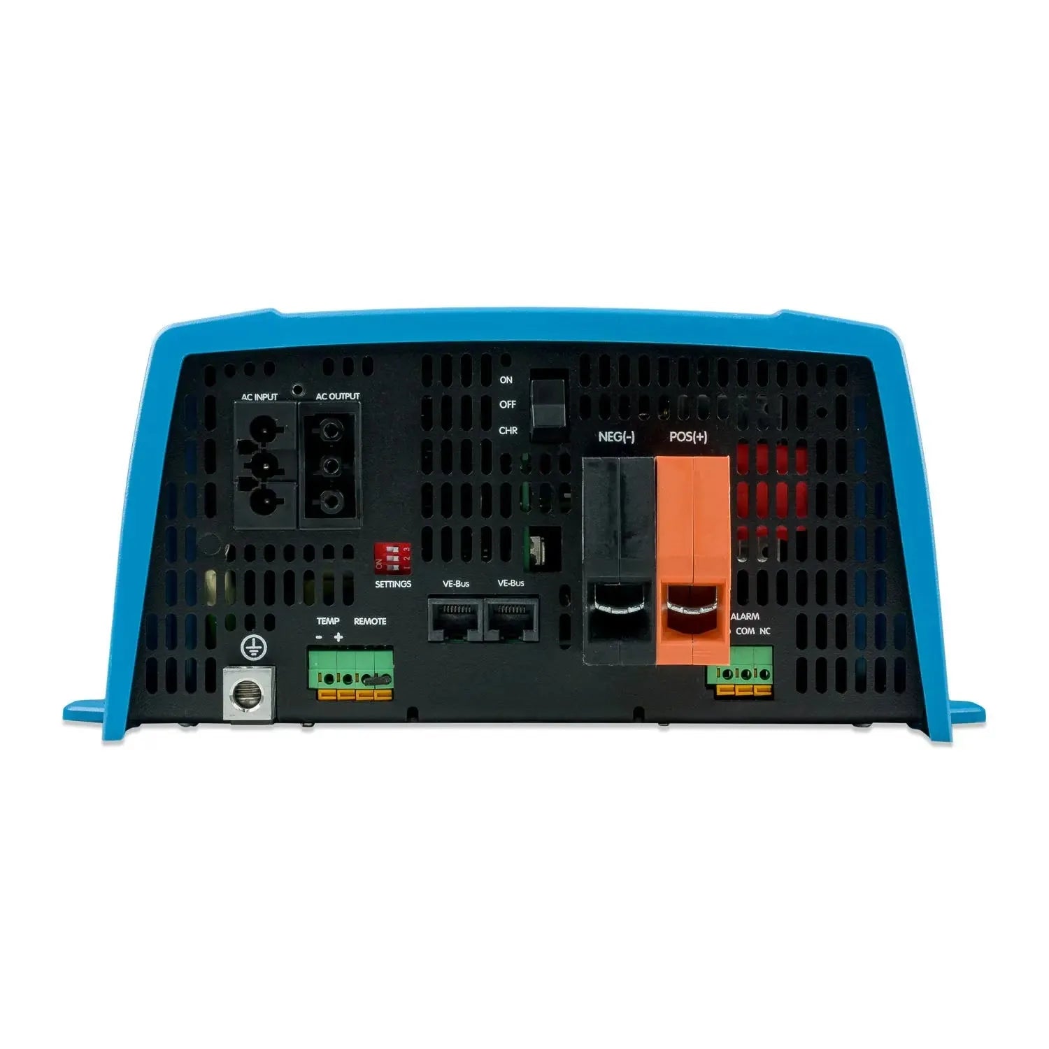 Rear panel of blue Victron inverter charger showing AC inputs/outputs, power switch, circuit breaker, bus connections, and te