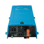 Victron MultiPlus inverter charger front panel view showing AC inputs, outputs, control switches, and orange battery terminal