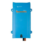Blue Victron MultiPlus inverter charger with mounting brackets and orange terminal connectors at bottom, front product view.