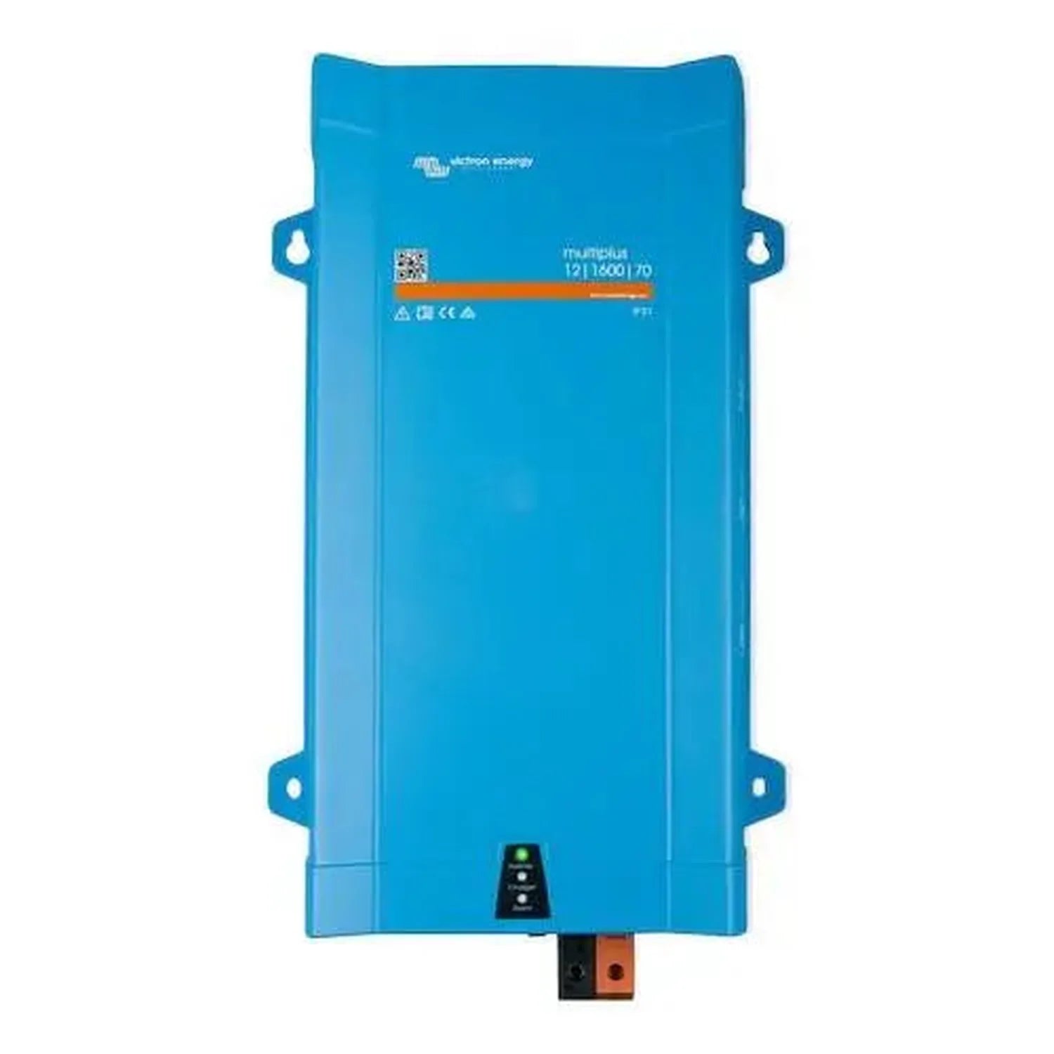 Blue Victron MultiPlus inverter charger with mounting brackets and orange terminal connectors at bottom, front product view.