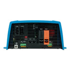 Rear panel of blue and black Victron inverter charger showing AC input/output connectors, power switch, circuit breaker, batt