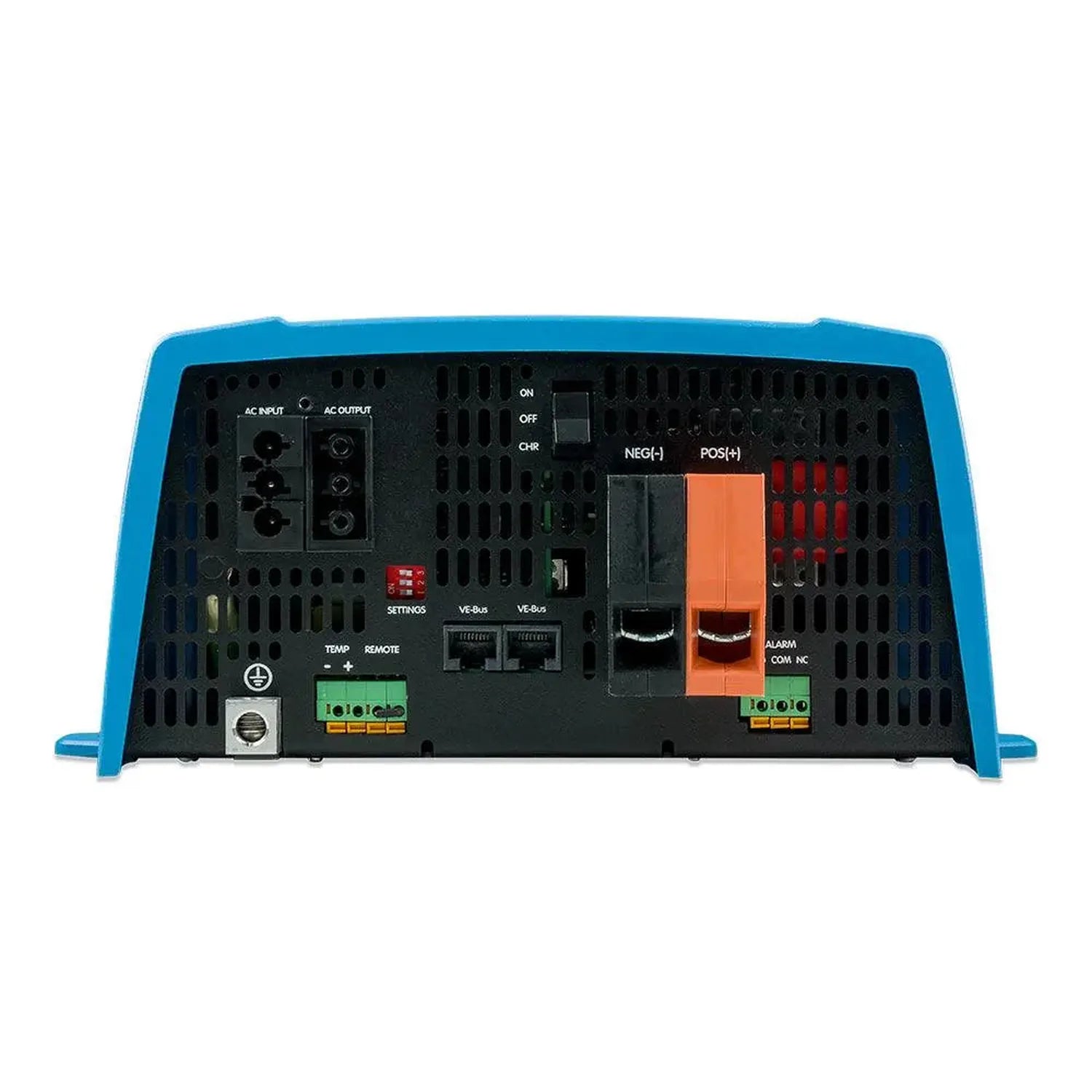 Rear panel of blue and black power inverter showing AC input/output connectors, ON/OFF/CHR switch, negative and positive term