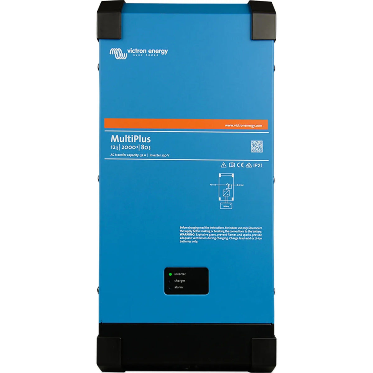 Victron Energy MultiPlus 12/2000/80 inverter charger, blue rectangular unit with black corner reinforcements and small displa
