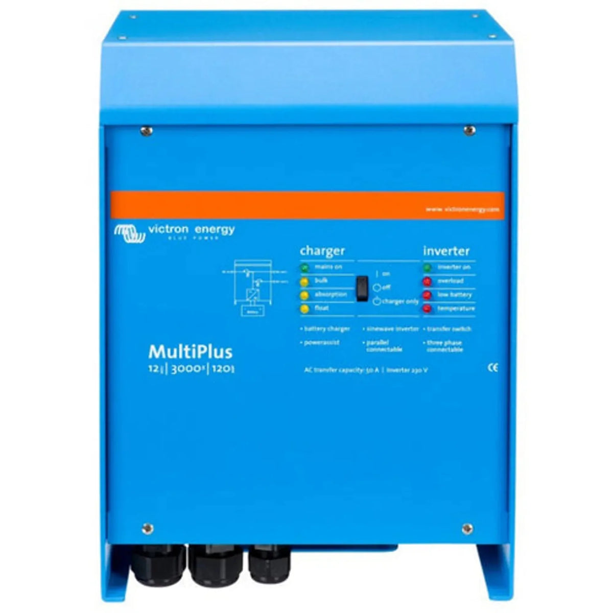 Victron Energy MultiPlus 12/3000/120 blue inverter charger unit with front panel showing charger and inverter indicator light