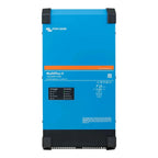 Victron Energy MultiPlus-II blue inverter charger front view with status indicators and specifications label.