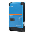 Victron Energy MultiPlus-II blue and black inverter charger unit with status indicators and technical specifications visible 
