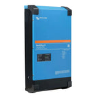 Victron MultiPlus-II blue and black inverter charger unit with status indicator lights and connection terminals visible.