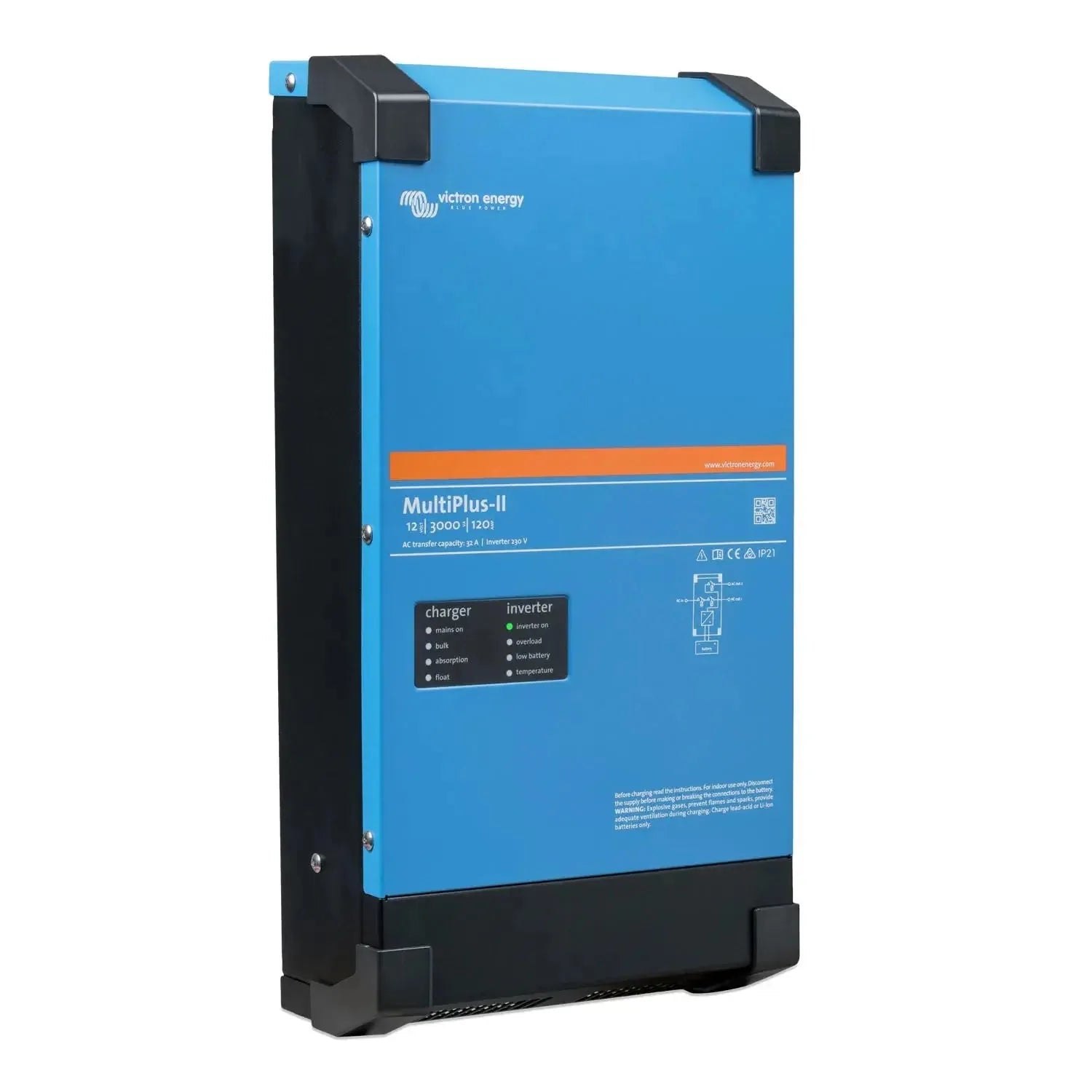 Victron MultiPlus-II blue and black inverter charger unit with status indicator lights and connection terminals visible.