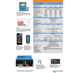 Victron MultiPlus-II inverter charger with blue casing, control panel, and technical specifications sheet showing power ratin