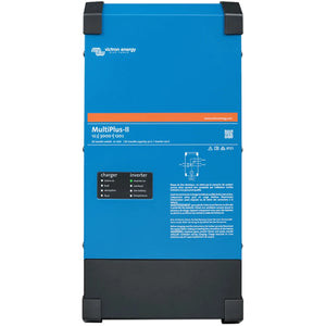 Victron Energy MultiPlus-II 12/3000/120 inverter charger, blue and black unit with product specifications and diagram visible