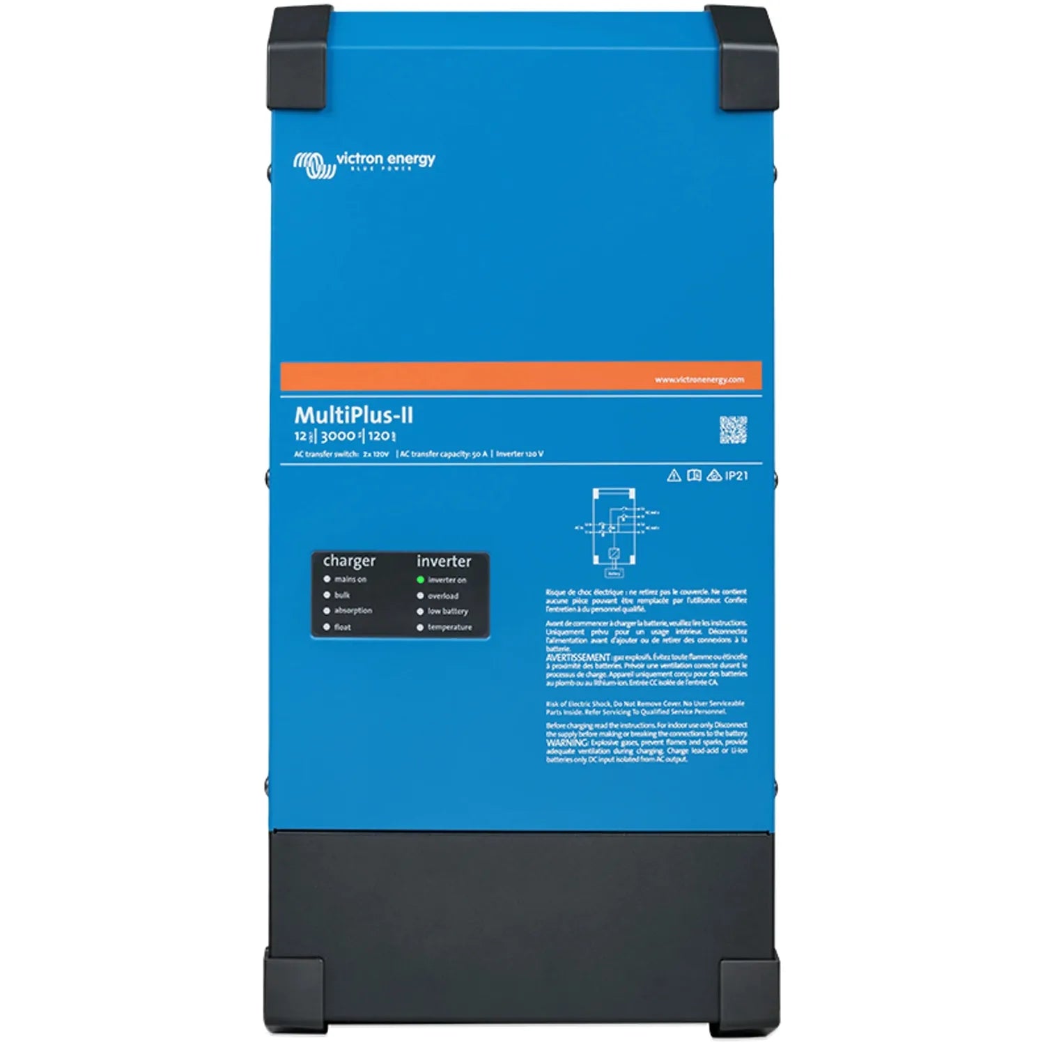 Victron Energy MultiPlus-II inverter charger, blue rectangular unit with black corners and orange accent stripe, front view s