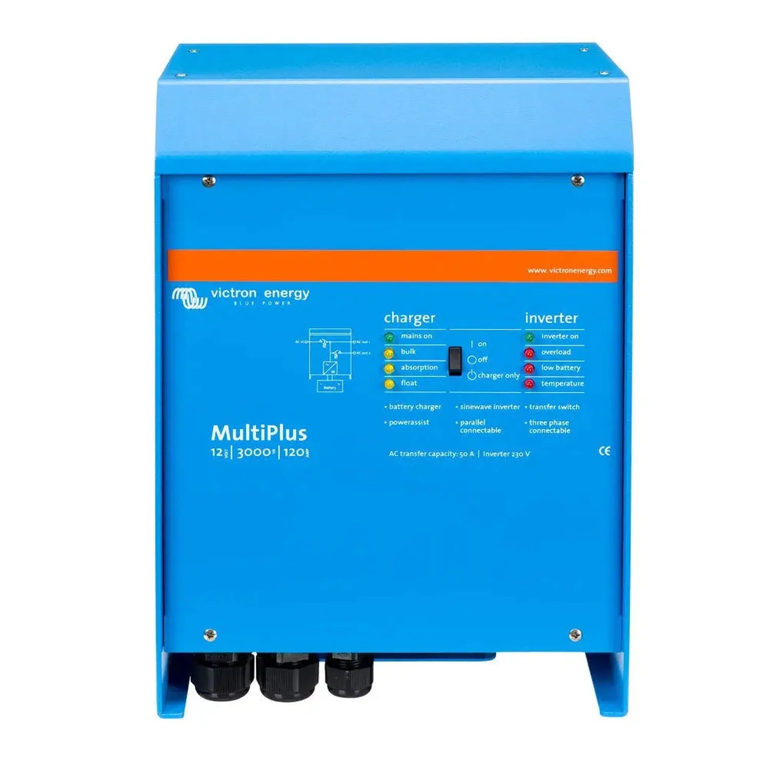 Victron Energy MultiPlus 12/3000/120 inverter charger, blue metal enclosure with indicator lights and control panel showing c