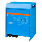 Victron MultiPlus blue inverter-charger unit with control panel showing charger and inverter status indicators and switches.