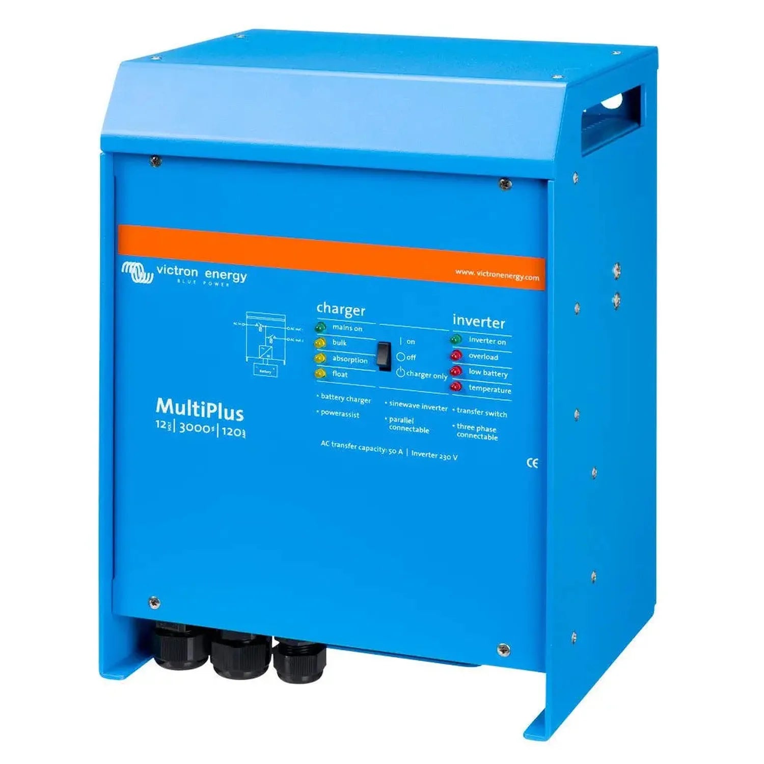 Victron MultiPlus blue inverter-charger unit with control panel showing charger and inverter status indicators and switches.