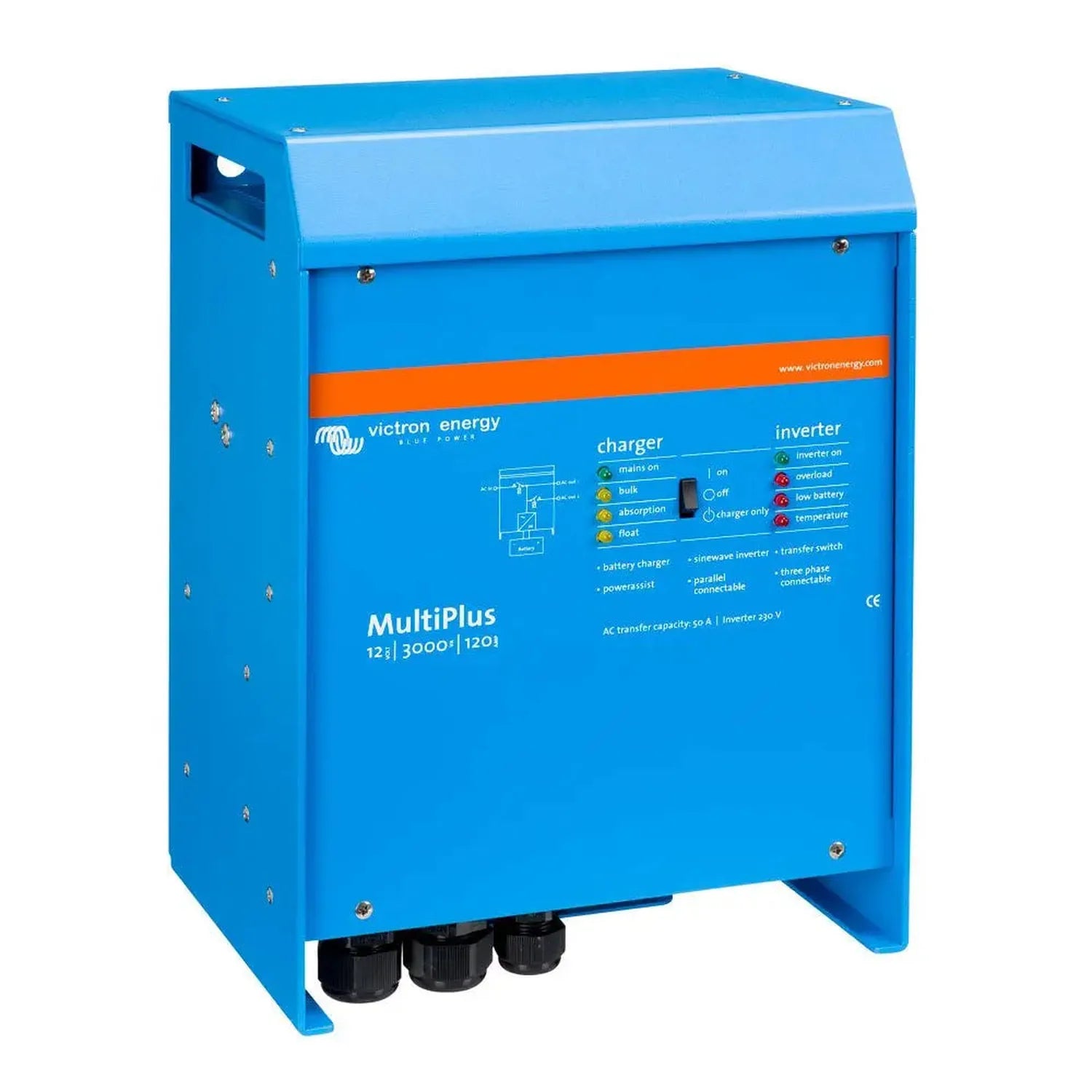 Blue Victron Energy MultiPlus inverter charger with orange stripe, control panel, and three cable connectors at base.