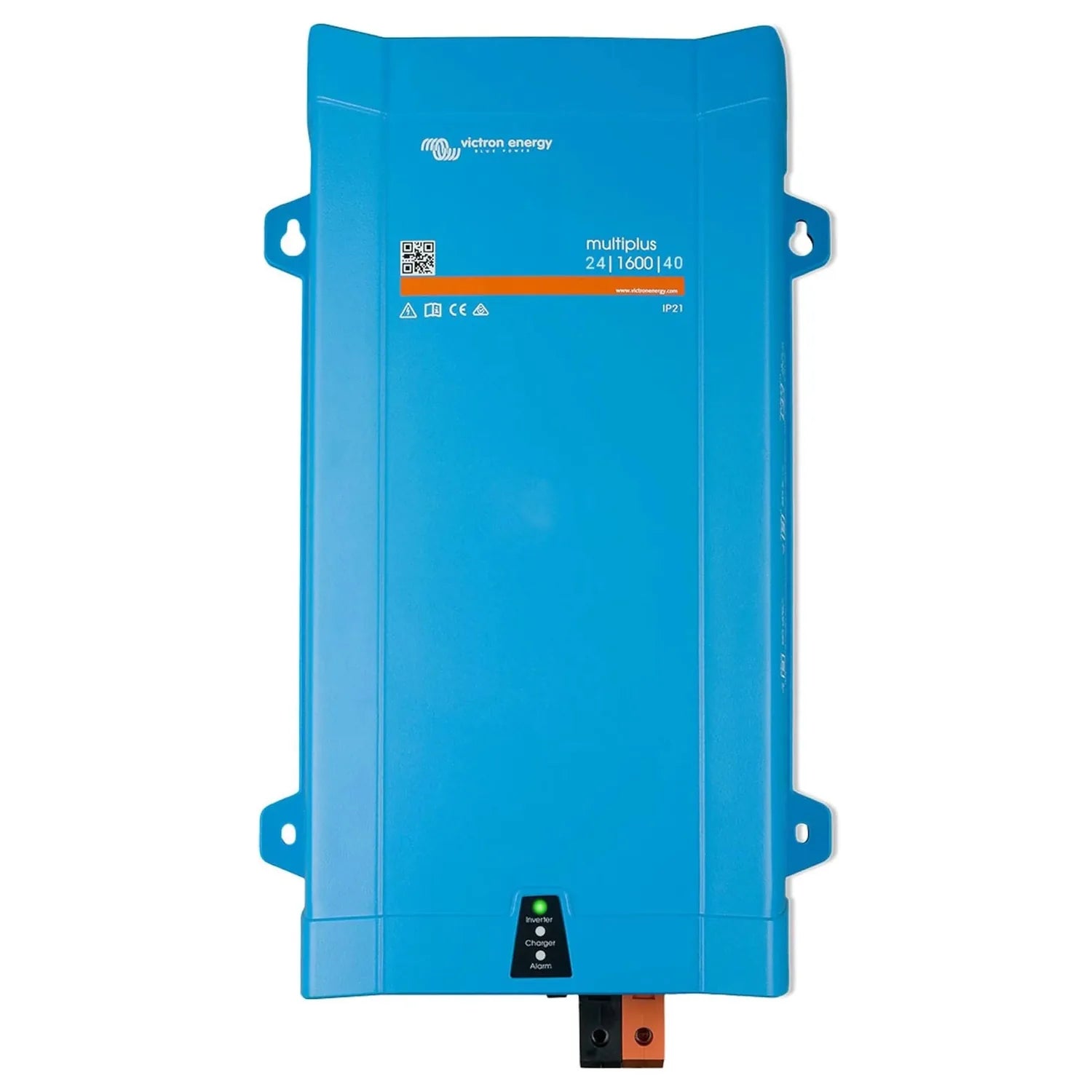 Victron Energy MultiPlus 24/1600/40 inverter charger, blue rectangular device with mounting brackets and terminal connectors 