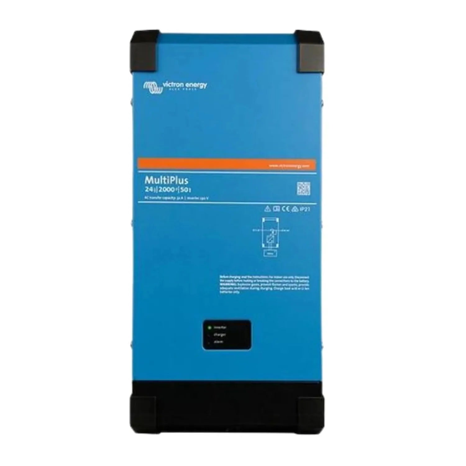 Victron Energy MultiPlus 24/2000/50 inverter charger, blue rectangular unit with black end caps and small display panel.