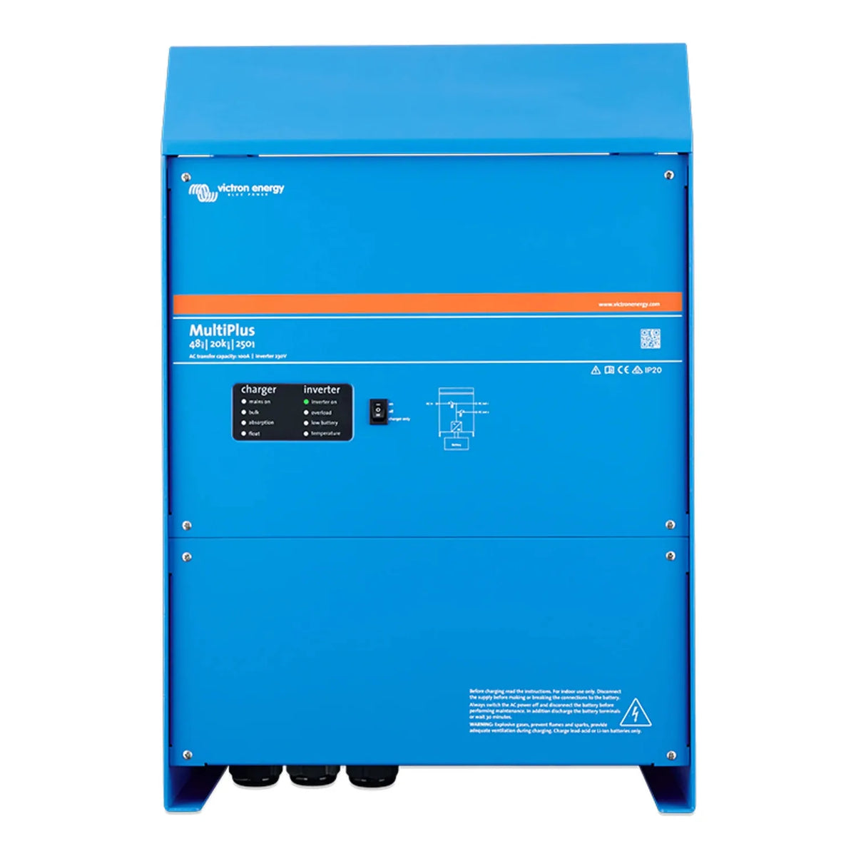 Victron Energy MultiPlus 48/20k/250i inverter charger, blue metal enclosure with status indicators and schematic diagram on f