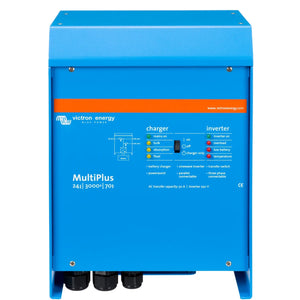 Victron Energy MultiPlus 24/3000/70 inverter charger, blue metal enclosure with indicator lights and control panel.