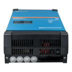 Victron MultiPlus-II inverter charger front view showing blue top panel, black housing with ventilation grilles, LED indicato