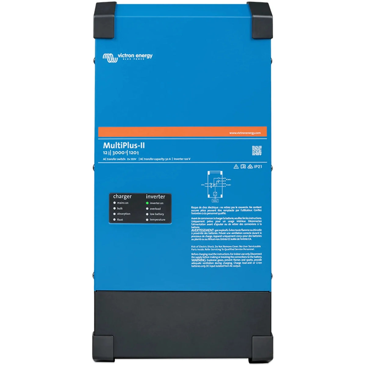 Victron Energy MultiPlus-II 12/3000/120I inverter charger, blue and black rectangular unit with specifications and diagram vi