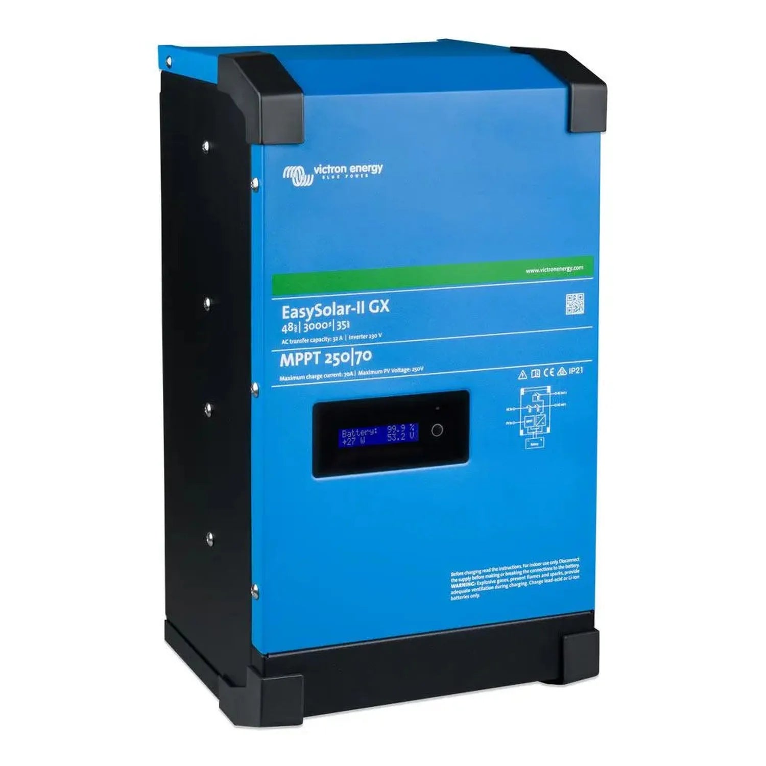 Victron EasySolar-II GX blue inverter charger with digital display showing battery voltage and status indicators.