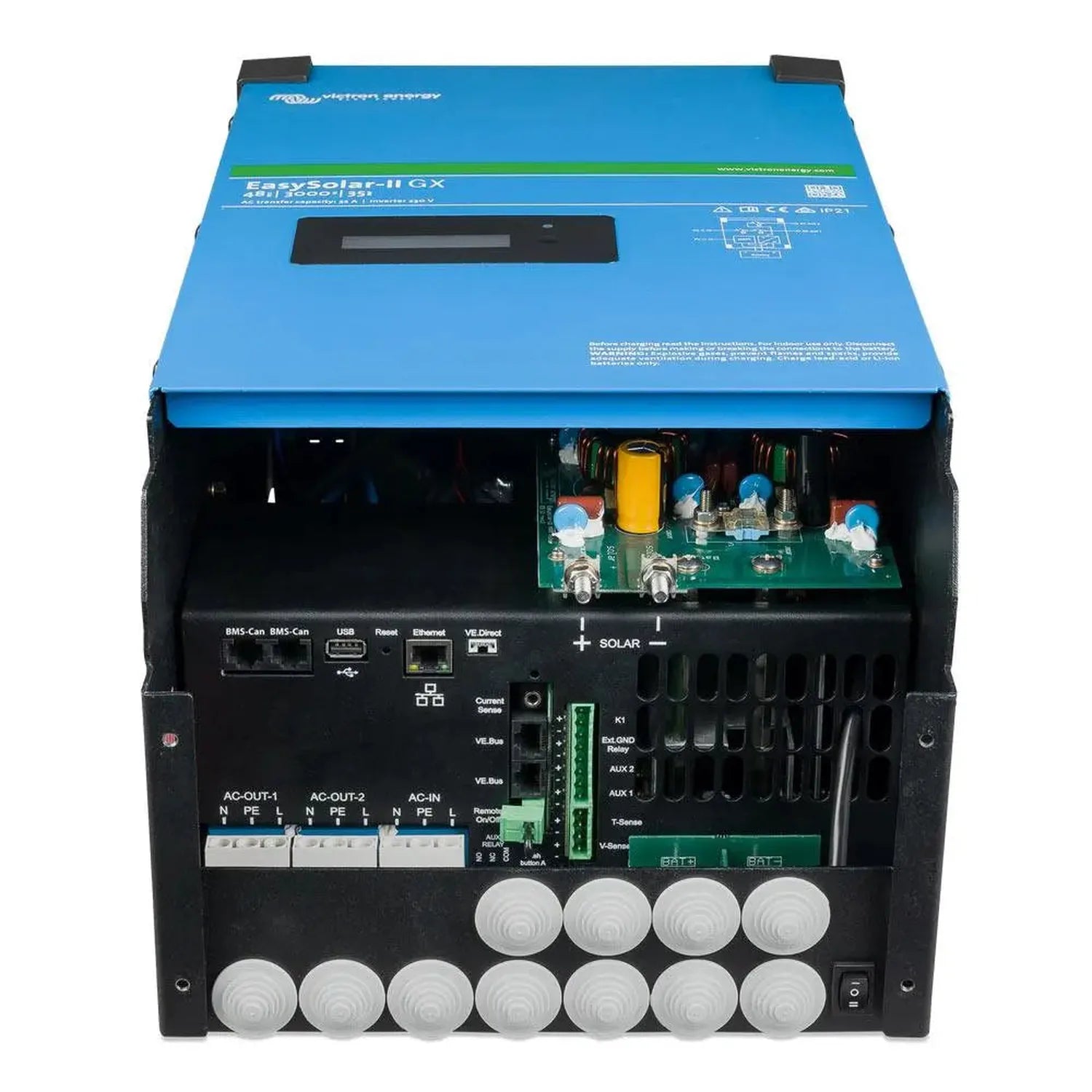 Victron EasySolar-II GX inverter charger with blue top panel and black base showing internal circuitry, terminals, and contro