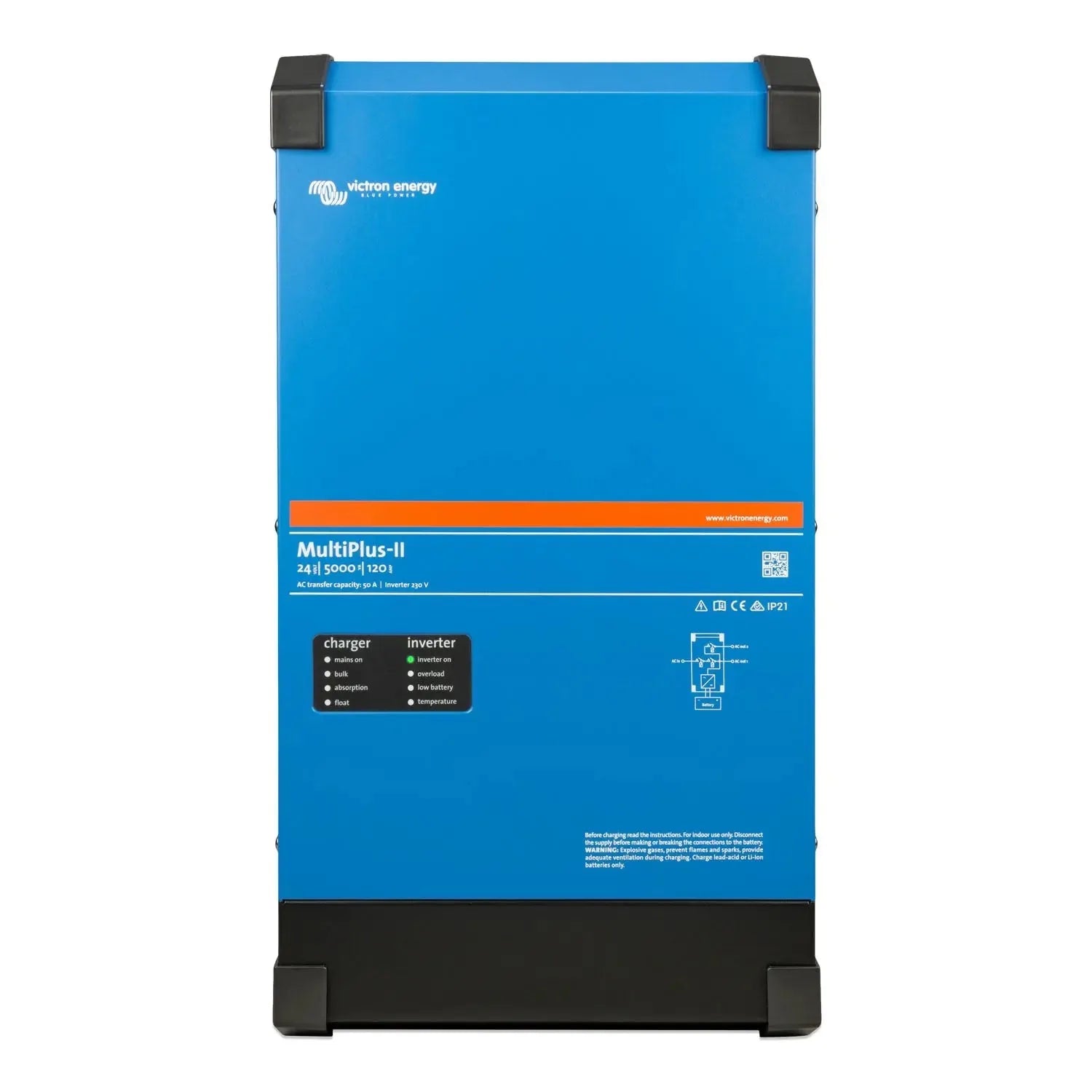Victron Energy MultiPlus-II 24/5000/120 inverter charger, blue and black unit with status indicators and technical specificat