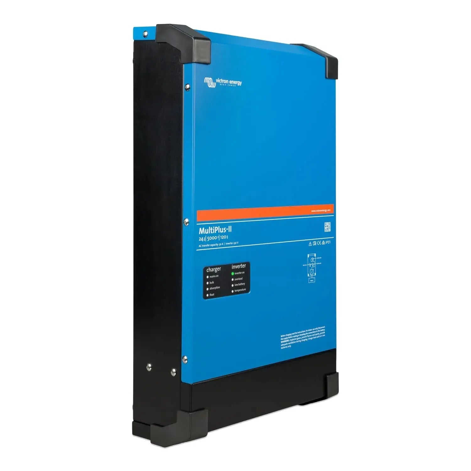 Victron Energy MultiPlus-II blue and black inverter charger unit mounted vertically against white background.
